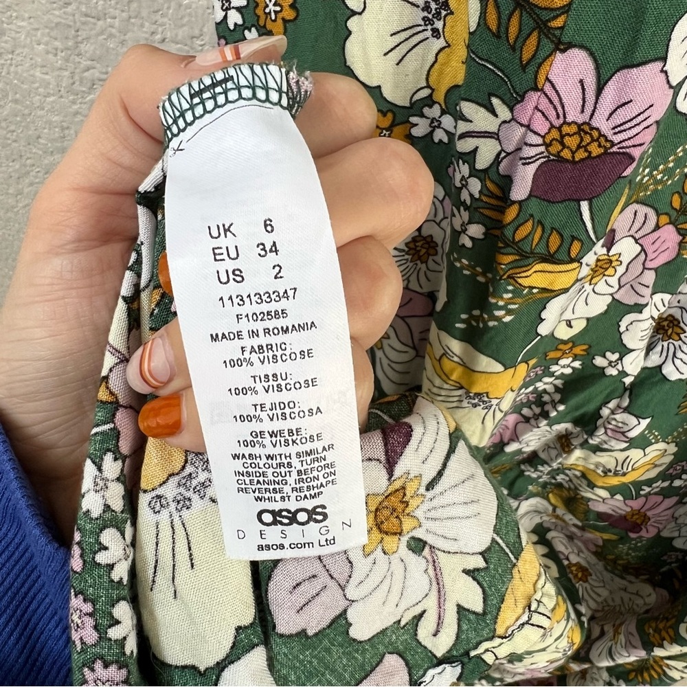 ASOS Midi Dress Size 2 Green Floral Puff Sleeve Spring Summer Bohemian Easter - Picture 11 of 11